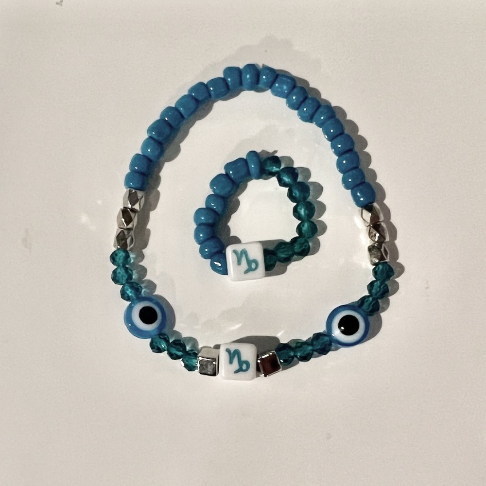 “CAPRICORN” ZODIAC BEADED RING & BRACELET COMBO SET, ONE SIZE, SILVER/AQUA